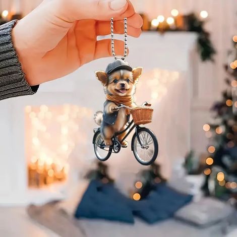Pendentif Acrylique - Chiot Sur Vélo - Décor Arbre De Noël Et Intérieur - 8 cm - 1 Pièce (1/5)