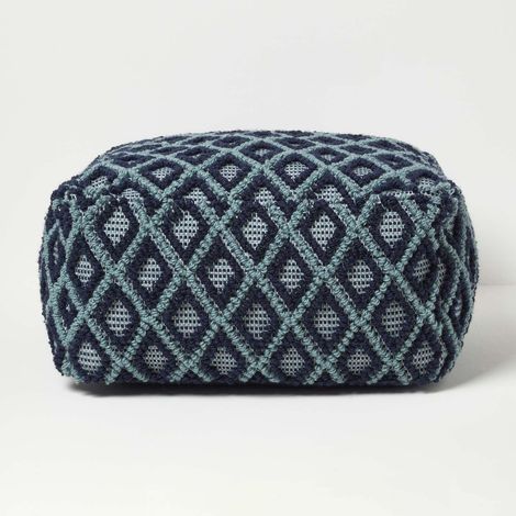 HOMESCAPES Tula Handwoven Textured Navy & Teal Pouffe Bean Cube