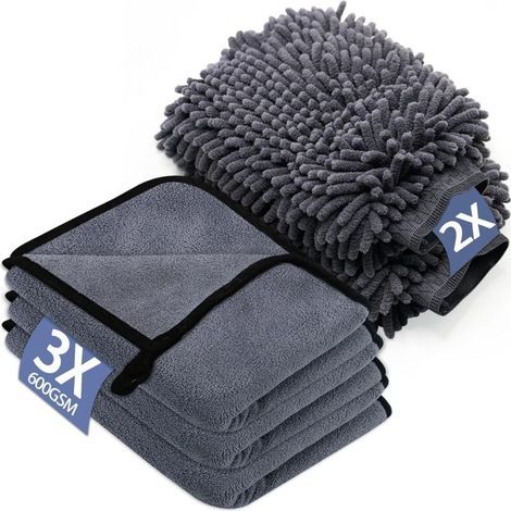 Kit Nettoyage Voiture: 3 Pack Chiffon Microfibre & 2 Pack Gant Lavage Microfibre, 600 GSM Pour Nettoyer et Sécher les Voitures (40 x 30 cm) (1/4)