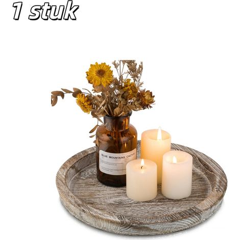 Bougeoir avec plateau rond en bois grand format pour décoration champêtre mariages fêtes anniversaires et repas aux chandelles couleur blanc délavé 1 pièce (1/5)