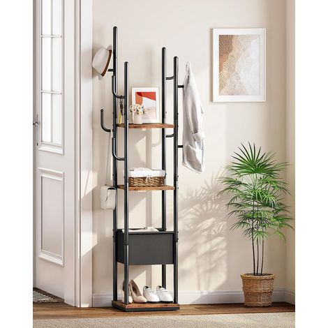 Portemanteau Autonome Avec 3 étagères, 8 Crochets et 1 Pochette en Tissu, Porte-manteau Carré, Arbre à Vêtements Métal pour Salon, Chambre à Coucher, Entrée, Marron Rustique et Noir DTYM03BF (1/5)