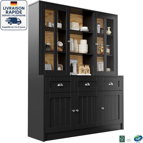 MODFU - Credenza da cucina, vetrina da soggiorno, 5 ante, 3 cassetti, mobile alto, 140×40×175cm, MDF, con dispositivo antiribaltamento, nero