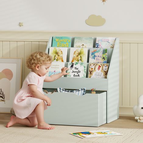Bibliothèque enfant 3 étagères + tiroir, rangement polyvalent, 62,5x30x70 cm, vert, meuble ludique et pratique (1/5)