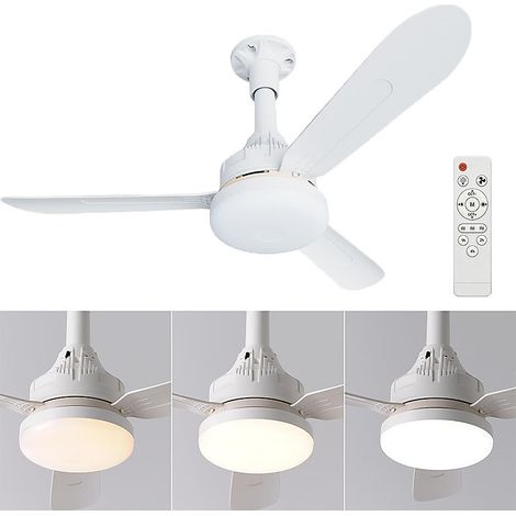 Ventilateur de plafond simple avec éclairage, trois pales, trois vitesses, installation encastrée, avec télécommande, blanc. (1/5)