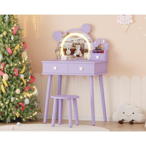 Coiffeuse Enfant Forme d'Ours avec Miroir LED–Table de Maquillage Princesse en Bois avec Tiroirs, Tabouret Fleur, Sécurisée–Violet (1/5)