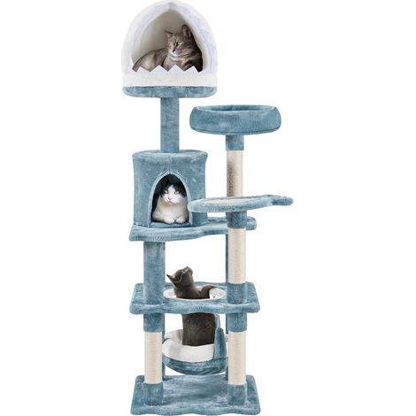 Yaheetech Albero Tiragraffi per Gatti 155 cm Cuccia a Forma di Squalo Posatoio Amaca Corda di Sisal Naturale Stile Oceano Gioco Blu Bianco (1/5)