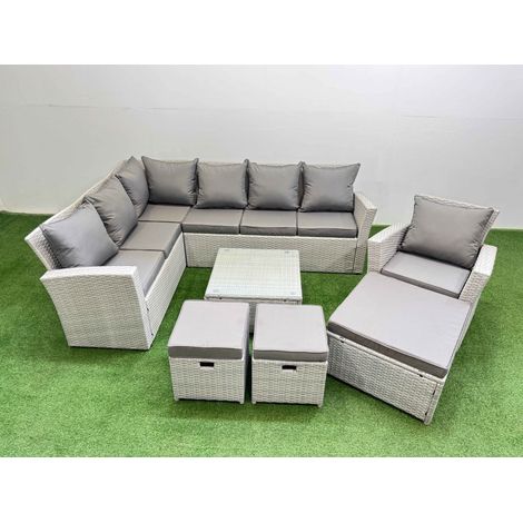 Fimous Outdoor Rattan Garden Furniture Set 10 Seater Corner Sofa Sets with Square Coffee Table Chair 3 Footstools Light Grey Mixed (1/5)
