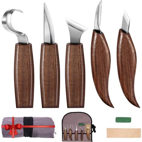 Ensemble d'outils de kits de sculpture sur bois 7 en 1 pour débutants, outil de crochet, outil en bois, outil de grain, outil oblique, outil de coupe pour cuillère, bol, tasse et menuiserie gé (1/5)