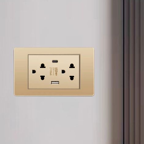 Enchufe de pared estilo tailandés con puertos USB-C y USB, adaptador universal para Vietnam, ABS y metal color dorado. (1/5)