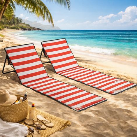 Transat de plage pliable avec dossier réglable, sangle de transport, rembourrage moelleux, structure en acier, rouge, 142 x 51 x 40 cm