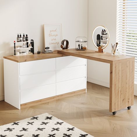 Modernluxe - Bureau pivotant et mobile avec roulettes verrouillables - Avec 6 tiroirs - Plateau de 4 cm d'épaisseur - Naturel et blanc