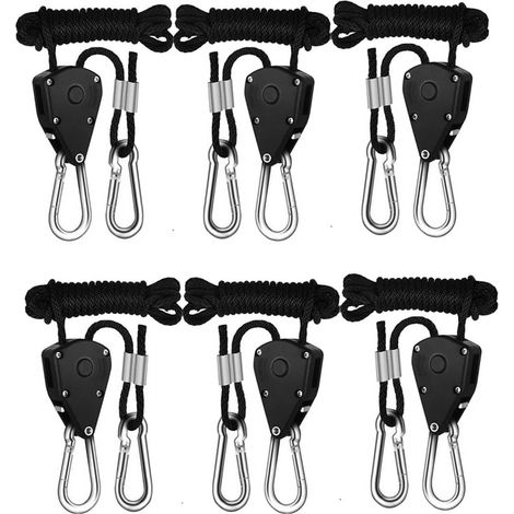Lanyard Réglable - Poulie avec Crochet D et Crochet S - Charge Maximale 34 kg - Longueur Corde 1,7 m - Pour Lampe de Culture, Ventilateur de Tente - Lot de 6 (1/4)