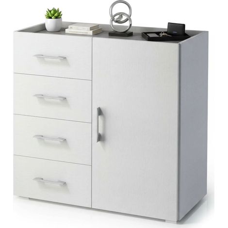 Dmora Credenza Violetta, Mobile buffet a 1 anta e 4 cassetti, Madia da soggiorno, Armadietto multiuso con ripiani, 100% Made in Italy, Cm 90x41h87, Bianco, con imballo rinforzato