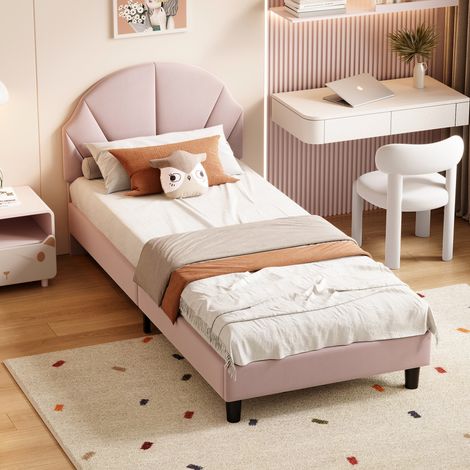 Cama individual 90x200 cm, cama infantil con canapé de láminas, cabecero redondo, terciopelo, diseño moderno, Rosa (1/5)
