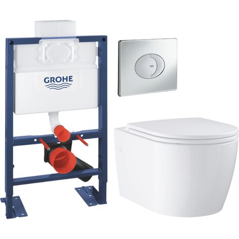 Pack WC suspendu sans bride GROHE Start Round Ceramic + Bati support hauteur réduite universel mur-sol + Plaque carré chromé (1/4)