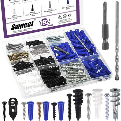 202Pcs 5 Styles Ancres de parquet sèche auto-forage avec vis et broche de forage Kit d'assortiment, parquet sèche en plastique, alliage de zinc, plastique conique, Sans ou trous pour mur en (1/5)
