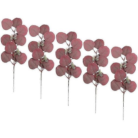 Lot de 5 tiges de feuilles d'eucalyptus artificielles en soie, pour la décoration intérieure (chambre, salon, fêtes), accessoires photo-Red (1/5)