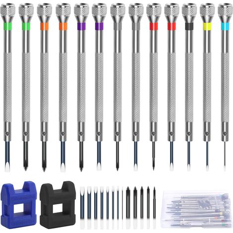 Lot de 13 tournevis précis pour montres, lunettes, horloges et bijoux, avec 2 magnétiseurs et 13 têtes de rechange (1/4)