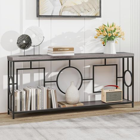 Costway – Console industrielle 180 cm – Cadre métallique noir – 2 étagères – Plateau épais en faux bois – Dispositifs anti-basculement intégrés (1/5)
