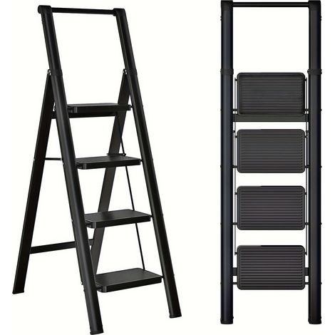 Escabeau 4 marches pliable ergonomique, pieds antidérapants, structure acier légère portable maison cuisine bricolage 90x