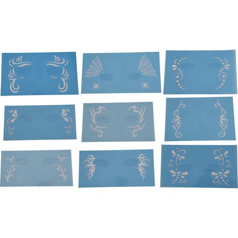 Lot de 9 pochoirs maquillage visage PET fête, gabarits motifs festifs pour anniversaire, spectacle et performances. (1/5)