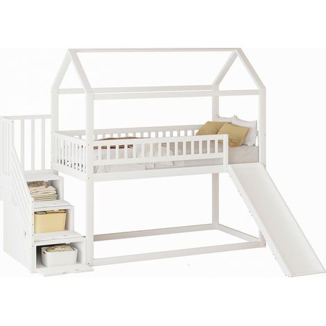 Lit superposé enfant 90 x 200 cm avec toboggan, échelle de rangement, barrières hautes et cadre en bois blanc, gain de place pour chambre d'enfant  CHICFURN (1/5)