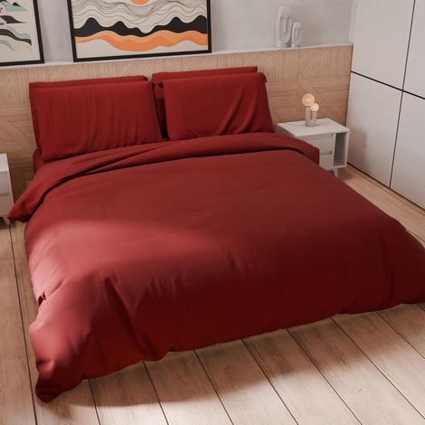 Set Housse de Couette 160x200 cm 1 Taie d'oreiller 50x80 cm Incluse, Parure de Lit Microfibre 1 Personne Douce Bordeaux (1/5)