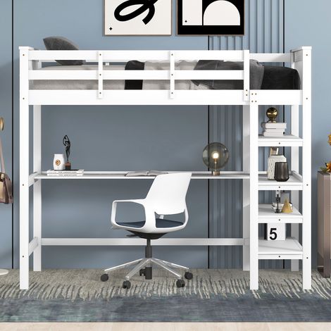 Fortuna Lai – Lit mezzanine enfant 90 x 200 cm – Bureau intégré et étagères – Échelle et sommier à lattes en pin massif – Blanc (1/5)