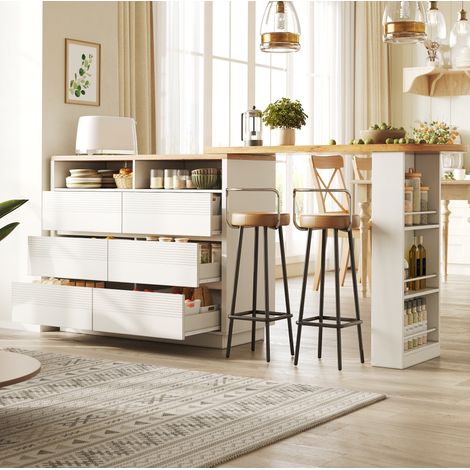 Tavolo bar allungabile 137-215x39x102,3 cm con vano contenitore, 6 cassetti, piano girevole, ruote, MDF bianco (1/5)