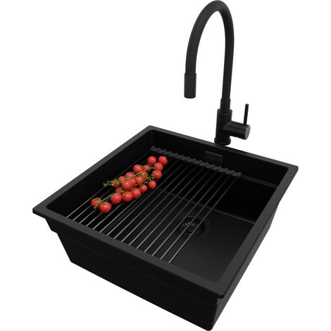 PRIMAGRAN Evier Cuisine en Granit 46x47cm, Lavabo 1 bac + Kit de Vidage + Accessoire, Évier à Encastrer au meuble 50cm - Prague Slim, Tout Noir (1/5)