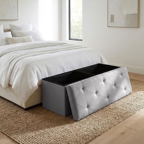 Panca Contenitore XXL 110 cm con Seduta Imbottita e Vano Salvaspazio, Pouf Contenitore Effetto Lino, Portata 150 kg, Cassapanca Pieghevole Grigio