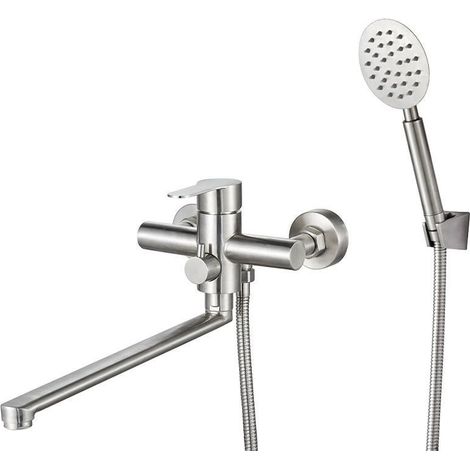 Robinet de Baignoire avec Douchette, Mitigeur Baignoire avec Long Bec 30CM, Mitigeur Bain Douche Mural, Brossé, (1/4)