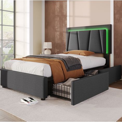 CHICFURN Cama individual 90x200 cm gris con LED, 2 cajones y cabecero ajustable (1/5)