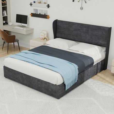 Cama baúl adulto de 140x200 cm con cabecero suave, base de láminas, de terciopelo, sin fondo, sin colchón, gris (1/5)