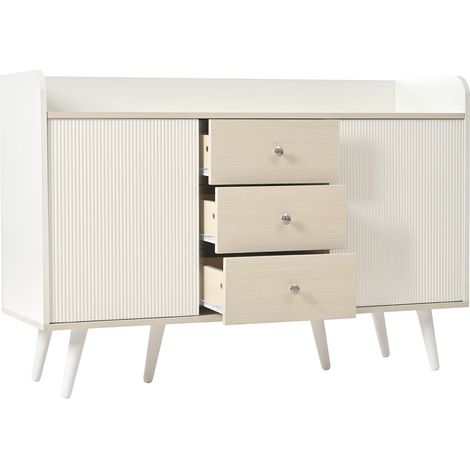 Buffet bois MDF blanc et bois avec 3 tiroirs et portes coulissantes, L117,5 cm (1/5)