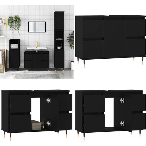 Armoire de salle de bain noir 80x33x60 cm bois d'ingénierie - Meuble De Salle De Bain - Armoire De Salle De Bain - Rangement Salle De Bain - Commode Salle De Bain - Design Industriel - Home & Living