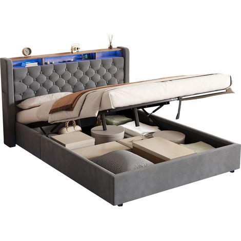 Polsterbett 140x190 cm, Holland-Velours, Hydraulisches Staufach, LED & USB-Anschlüsse, Kopfteilablage, Grau