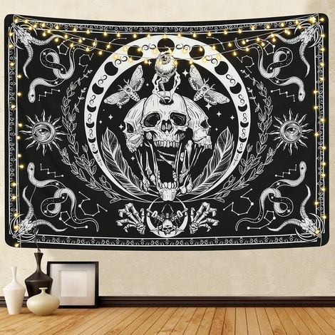 Wandteppich mit Totenkopf und gekreuzten Knochen – Sonnen- und Mondphasen  Galaxien-Wandteppich mit Schlangen und Motten für Schlaf- oder Wohnzimmer, schwarz-weiß, 200 x 150 cm (1/4)