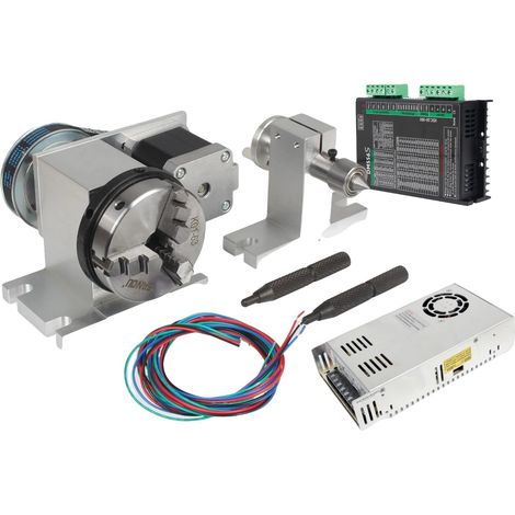 Eje giratorio, sujeción de alta precisión, motor paso a paso Nema 17, mordaza de 3 garras K11-65 mm, controlador y fuente de alimentación. (1/2)