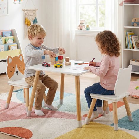 Ensemble table et 2 chaises enfant blanc et naturel en pin avec dossiers en forme de chat et bords arrondis pour chambre et crèche (1/5)