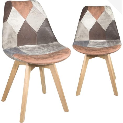 Ensemble de 2 chaises rembourrées patchwork de style scandinave, pieds en bois du Laos (marron) (1/5)
