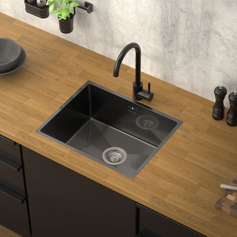 ML-Design Fregadero de Cocina de un Seno 50x40 cm Antracita Lavabo Angular Sobre Encimera o Enrasado con Juego de Desagüe y Rebosadero Cubeta de Acero Inoxidable Anti-condensación (1/5)