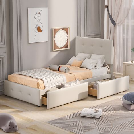Polsterbett 90x200 cm mit zwei Schubladen, Stauraum, verstellbares Kopfteil, Lattenrost, Samt, EinzelpolsterPolsterbett, geeignet für Jugendliche und Kinder – Beige