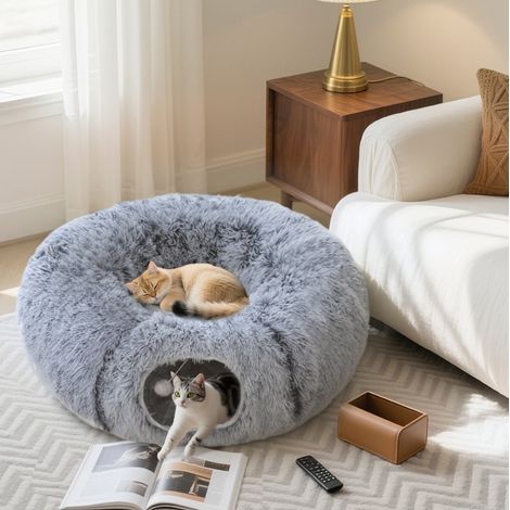 Tunnel pour chat 90x90x27 cm en polyester gris clair, modulable, pour chat FloraGrace (1/5)