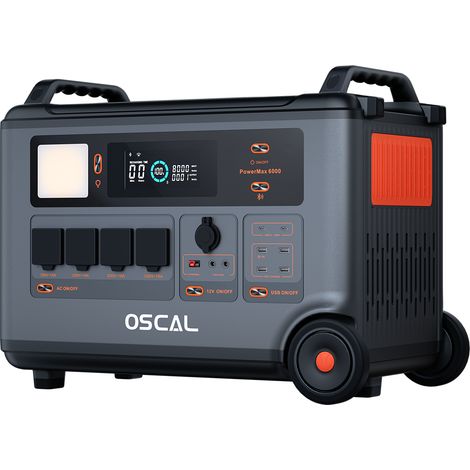 OSCAL PowerMax 6000 6000 W tragbares Kraftwerk, 57,6 kWh erweiterbarer LFP-Akku, Schnellladung, Solar, Räder