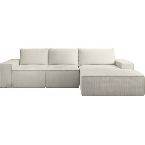 Grand canapé d'angle droit convertible en velours côtelé beige AMELIA (1/4)
