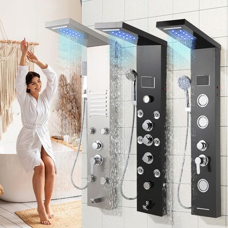 TolleTour Panel de ducha 5 en 1 acero inoxidable 304 114.5x50x20 cm plateado, LED, ducha de lluvia, cascada, masaje dorsal, ducha de mano 1.5 m, conexión G1/2 (1/5)