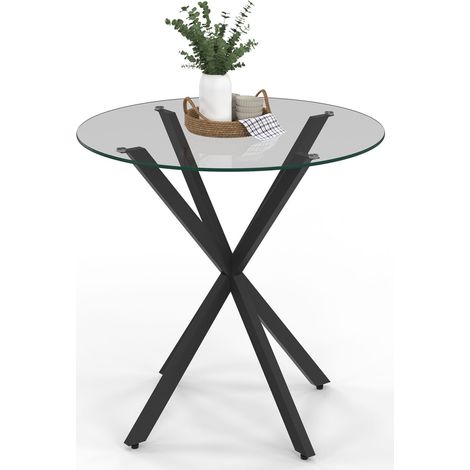 Runder Esstisch ALIX für 4 Personen mit schwarzem Spinnenfuß und Glasplatte 80 cm