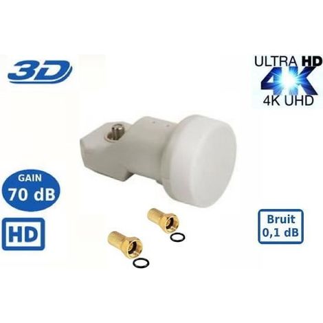 LNB Single SR-123, 0.1dB High Gain 70 DB  Tête Parabole Universelle Compatible Full HD 4K TNTSATCanal+ Astra et FRANSAT+2 fiches F