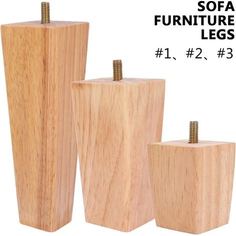 Lot de 4 pieds de meuble en bois d'hévéa massif avec boulons M8 et patins, pieds de rechange carrés et coniques de 15 cm pour canapé, armoire et table, marron (1/5)